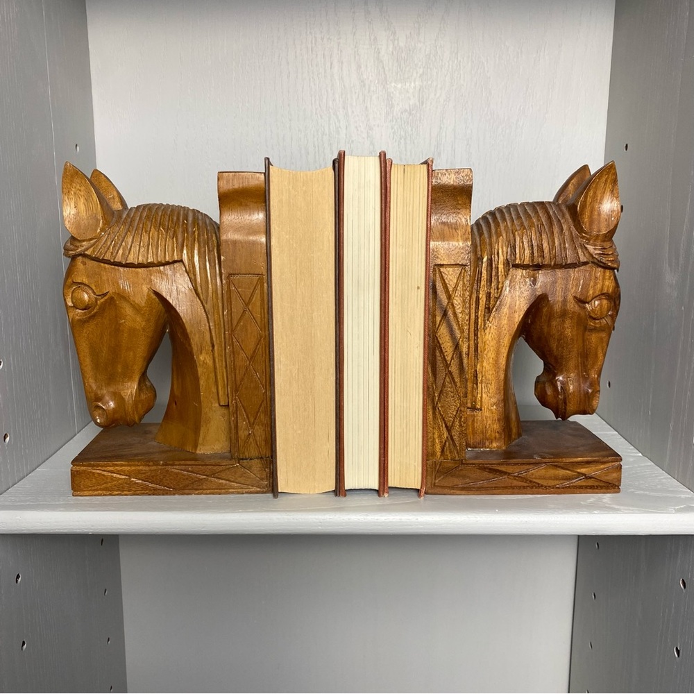 Vintage Bookends Solid wood carved horse head equestrian old world country decor
